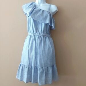 DESIGN 365 Blue Seersucker Dress with  Asymmetrical Ruffle shoulder - XS